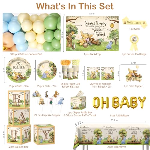 Bear Baby Shower Decorations Set for 25 Guests - Complete Party Kit with Balloons, Tableware & Backdrop