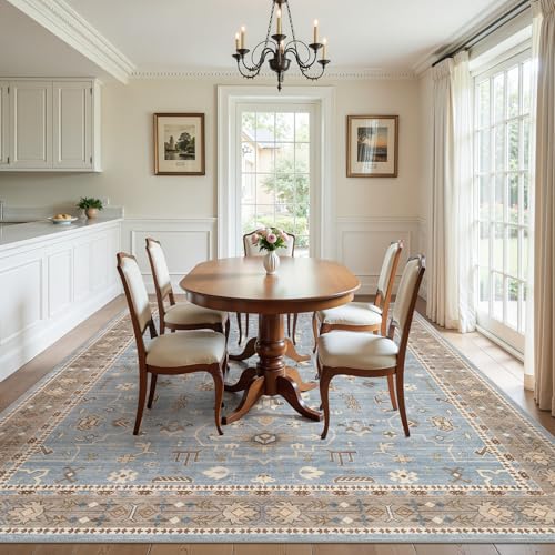 Blue and Brown 8x10 Washable Vintage Area Rug - Pet Safe, Non-Slip, Easy-Care