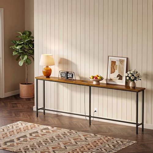 Narrow Sofa Console Table with Charging Station - Rustic Brown 90IN