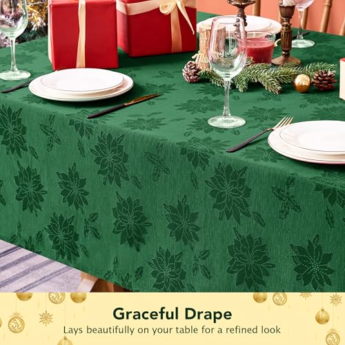 Hunter Green Poinsettia 60x144 Inch Christmas Tablecloth - Elegant Jacquard Holiday Decor
