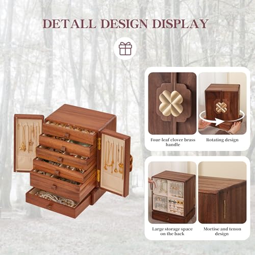 KAOTGOT 4 Leaf Clover Rotatable Drawer Wooden Jewelry Box for Women & Girls