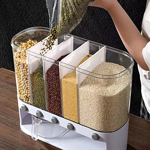 Xilei Wall-Mounted 5-Grid Dry Food Dispenser A2, 25lb Grain Storage with Measuring Cup