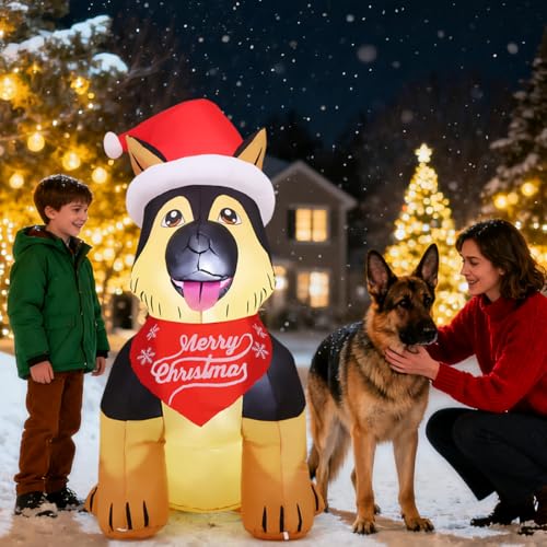 GOOSH 5 ft Christmas Inflatable German Shepherd with Santa Hat – LED Outdoor Yard Decor
