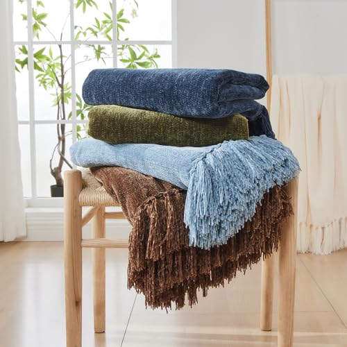Chenille Throw Blanket 60x80 Inches with Rust Orange Fringe - Soft & Stylish