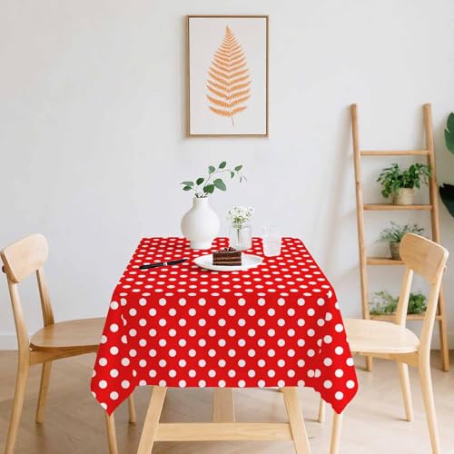 2 Pack Red Polka Dot Tablecloth 54 x 108 Inches - Disposable Plastic Party Cover, Red & White