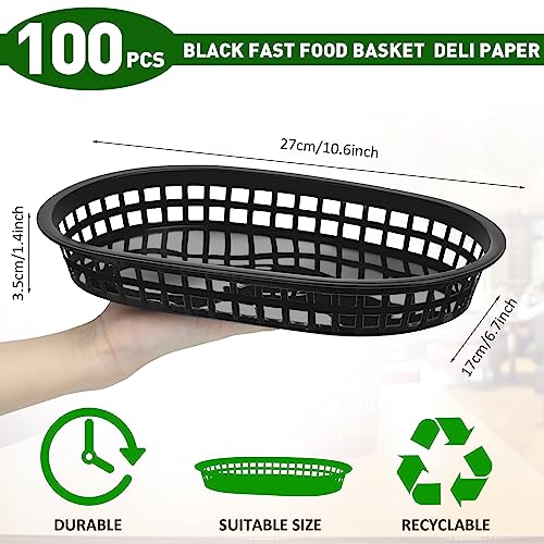 Black Fast Food Baskets 10.5 x 7 Inch Pack of 100 - Reusable Plastic Serving Baskets - Restaurant & Party Supplies (Black / 100)