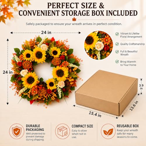 24-Inch Fall Sunflower Wreath for Front Door Autumn Harvest Decor
