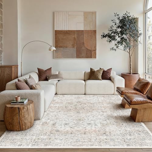 Vintage Beige & Grey 8x10 Washable Non-Slip Area Rug - Low Pile, Medallion Pattern