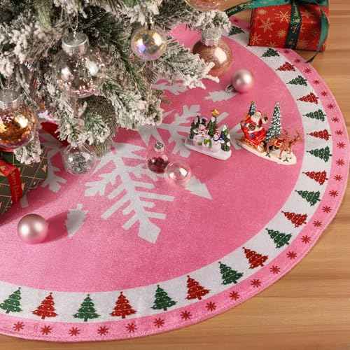 MACTING Christmas Tree Skirt, 30 Inch Round Pink Polyester Christmas Tree Skirts with Big Snowflake and Christmas Tree Printed for Holiday Party Rustic Xmas Tree Decoration
