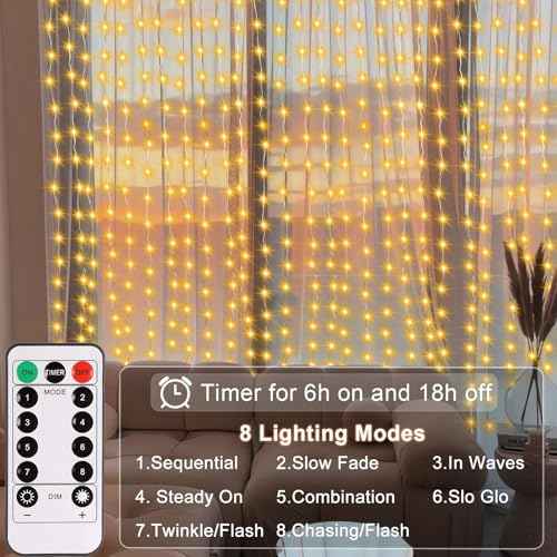 echosari Curtain Lights, 300 LED Fairy Curtain Lights with Remote Timer, USB Powered Copper Curtain String Lights 9.8Ft x 9.8Ft for Bedroom Window Christmas Wedding Decor (Warm White)