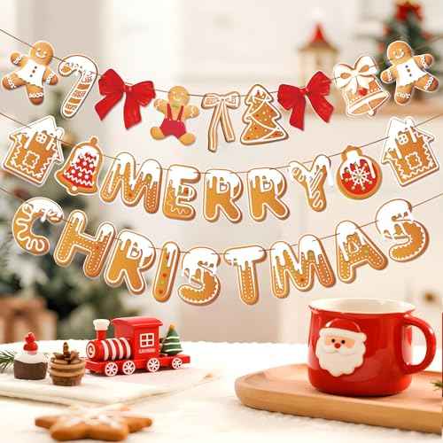 Merry Christmas Banner Gingerbread Christmas Hanging Decoration 3PCS Gingerbread Theme Garland Banner for Holiday Home Office Fireplace Wall Decor Outdoor Indoor Xmas Party Banner