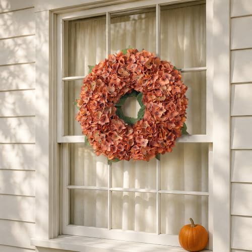 21-Inch Artificial Fall Hydrangea Wreath for Front Door Decor - Orange, Lush & Durable