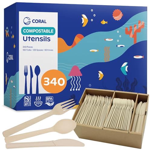 CORAL Heavy Duty Biodegradable Compostable Silverware Set 340 Pieces with Brown Forks Spoons Knives