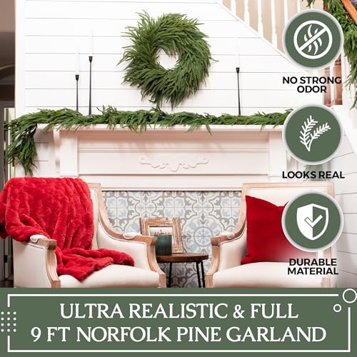Vita Domi 9ft Extra Full Real Touch Norfolk Pine Garland Christmas Greenery for Fireplace & Mantle