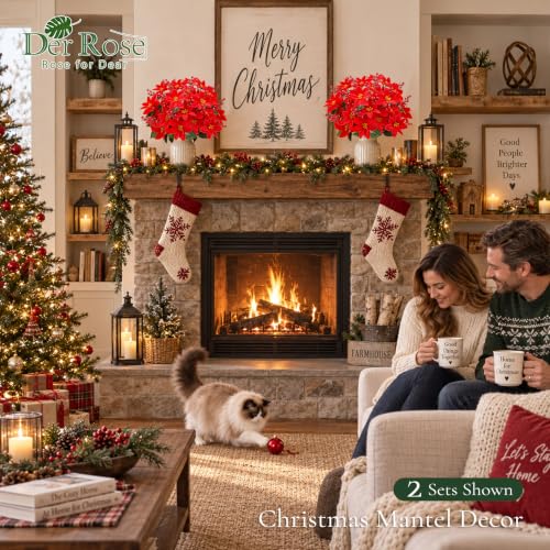 Der Rose Artificial Poinsettia Flowers 8 Stems with Holly Berries - Holiday Decor
