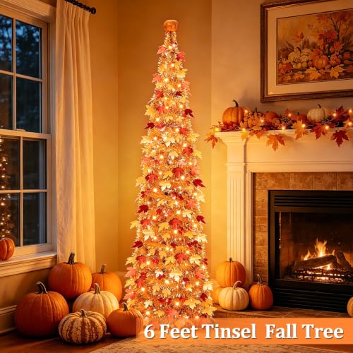 6FT Fall Tinsel Maples Tree with Lights - Battery Operated Fall Decor