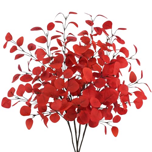Red Artificial Eucalyptus Leaves Stems 33.8'' for Christmas & Holiday Decor - Set of 4