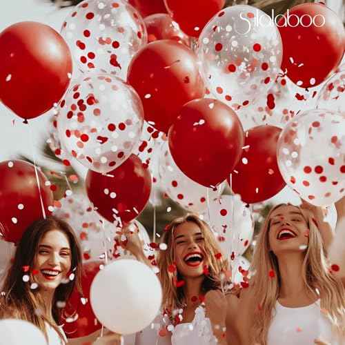 Metallic Red and White Balloons 12Inch 73PCS White Red Confetti Latex Balloons Shiny Helium Balloon Set for Birthday Anniversary Graduation Party Decorations