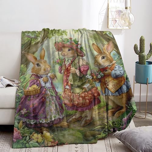 Bidesk 60x50 Rabbit Cozy Flannel Throw Blanket - Lightweight, Anti-Pill, Soft Dressed-Up Bunny Pattern