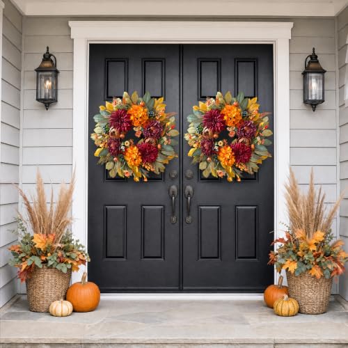 24-Inch Autumn Fall Wreath for Front Door - Realistic Artificial Fall Decorations