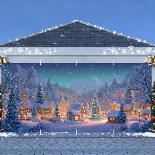 Large Christmas Garage Door Banner 7x16FT Winter Village Scene Snowy Town Outdoor Holiday Decor