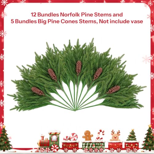 CLEANGOR Christmas Norfolk Pine Stems for Vase — Big Cones / 17, Realistic Holiday Greenery Decor