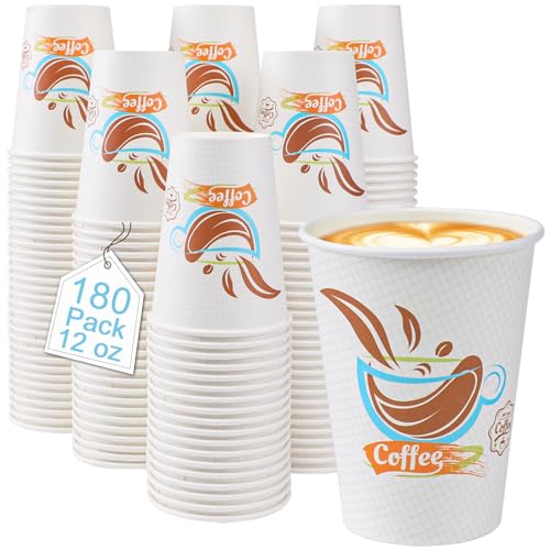 12oz Disposable Coffee Cups Pack of 180 - Leak-Proof Paper Cups No Lids - Perfect for Cafes & Events