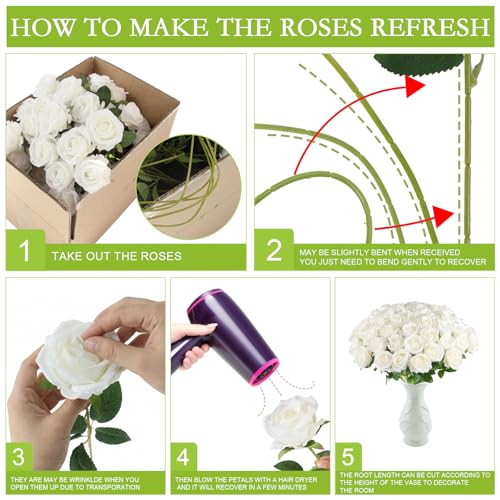 Artificial Roses Bulk 50 White Silk Flowers for DIY Decor - Long Stems