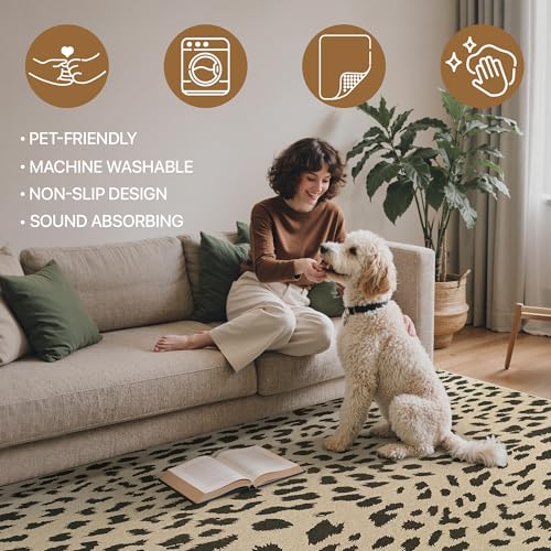 Leopard Print Washable Area Rug 6x9 for Living Room & Bedroom Beige & Brown Variation