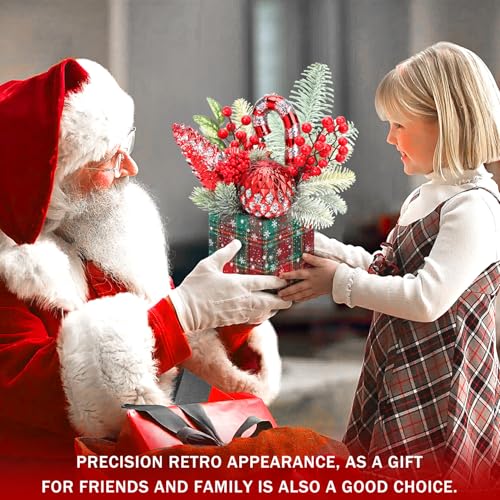 KPX Large-Square-Red Mini Christmas Tree Tabletop Decor with Ornaments & Pine Cones