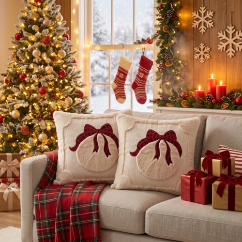 Vteeculor Beige Christmas Bell 18x18 Set of 2 Plush Faux Fur Throw Pillow Covers