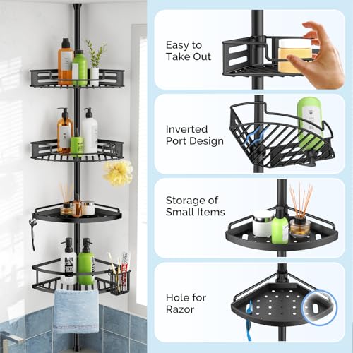 HAMITOR Corner Shower Caddy Tension Pole - 4 Tier Rustproof Organizer Black - Variation A