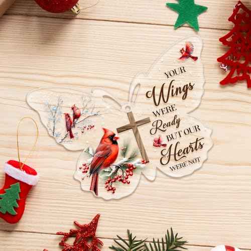 Memorial Gifts, Acrylic Ornaments, Loving Memory Cardinal Cross, Snow Hanging Decorations Gift Cross Christmas Tree Holly with Berries Mirror Car with Ribbon Cardinal Bird