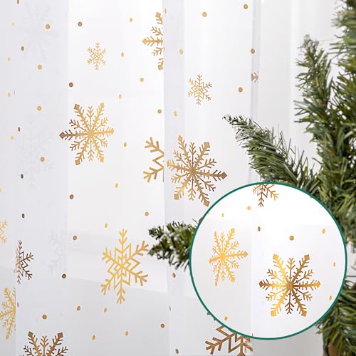 Karseteli 52W x 84L Snowflake Gold Foil Christmas Sheer Curtains, 2 Panels White