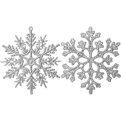 36 Pack Silver Glitter Snowflake Ornaments, Plastic Christmas Glitter Snowflake Winter Wonderland Christmas Tree Decorations, 4 Inch, Silver