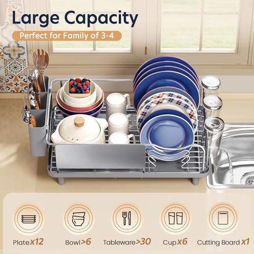 KINGRACK Grey Stainless Steel Dish Drying Rack with Cup Holder & Auto-Drain