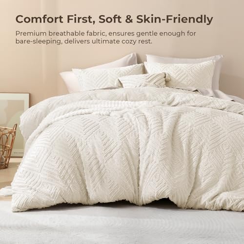Oversized King Comforter Set - 3 Piece Boho Tufted Bedding in Beige - 120x98