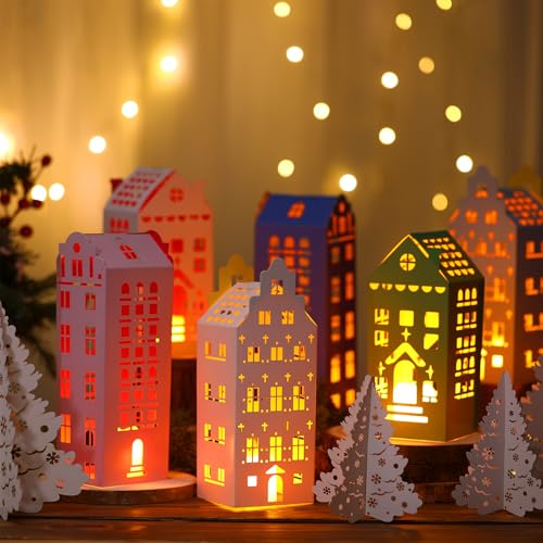 Amyhill 36 Pcs Multicolor Christmas Village Set - Mini Cardboard Houses & Trees