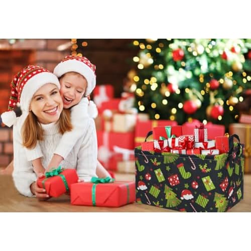 Rectangular Christmas Baskets,Tree Basket Empty,Waterproof PE Coating Kids Baskets with Handles,Gifts Book Bins,Gift Bin. (Christmas Tree)