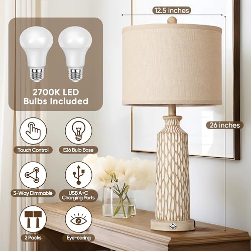 Farmhouse 26-Inch Set of 2 Off-White Lamps with USB Charging, Touch Dimmable