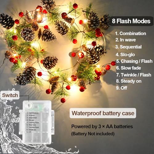 PALONMY 6.56ft Christmas Pine Garland with 20 LED Lights, Remote & Timer
