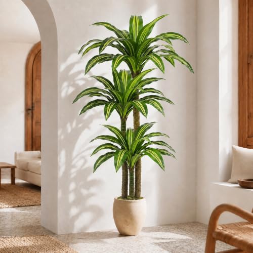 FLEURIFI 6FT Artificial Dracaena Tree with 3 Thick Trunks - Faux Indoor Floor Plant