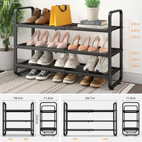 Black Expandable Metal Shoe Rack 3-Tier, Adjustable & Space-Saving Organizer