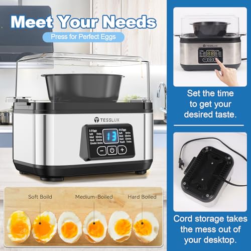 Tesslux Silver Electric Egg Cooker - 6 Egg Capacity, Hard & Soft-Boiled, Poached