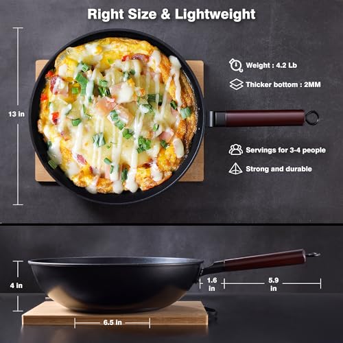 13-Inch Carbon Steel Wok with Lid - Nonstick Stir-Fry Pan, Black