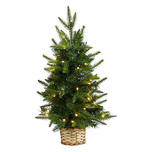 Mini Artificial Christmas Tree with 35 LED Lights in Decorative Basket - 2ft