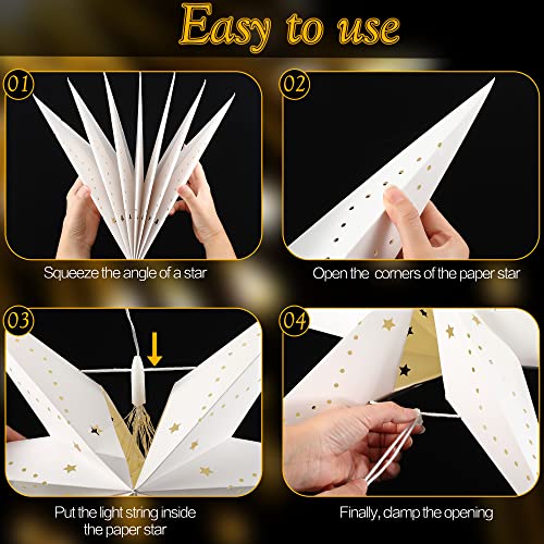 Hiboom 4 Pack 24 Inch Paper Star Lanterns with 8 Mode LED String Lights for Indoor Outdoor Decor, Wedding, Christmas, Party