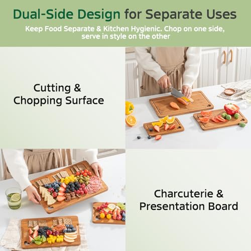 Bamboo Cutting Boards Set of 3 with Storage Stand - Reversible Chopping & Charcuterie Boards for Kitchen
