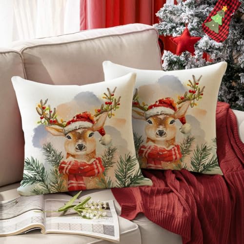 White 20x20 Inch Christmas Reindeer Pillow Cover - Farmhouse Holiday Decor