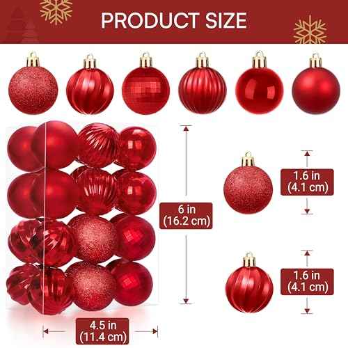 JOIEDOMI 24 Pcs Red Christmas Balls Ornaments Set, 1.6" Small Shatterproof Christmas Tree Ornaments, Xmas Hanging Balls Decorations for Tree Wreath Garland Holiday Wedding Party Indoor Decor